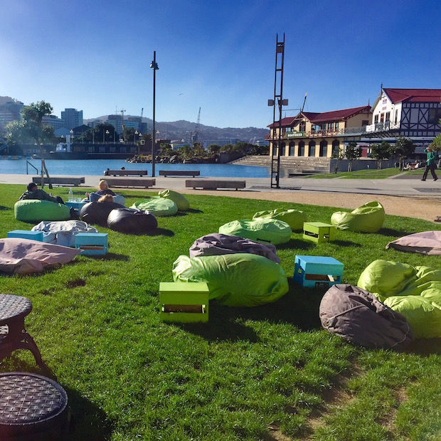 Relaxing at the bean bag chairs by the harbour. Hands down my favourite spot in Wellington.