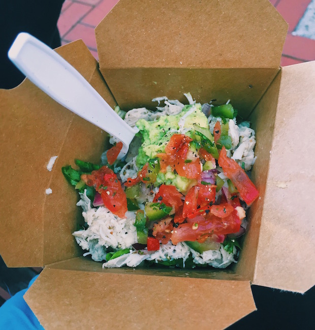 One of the many delicious options that the night market has to offer. This chicken, rice, quinoa, salad, guacamole, and salsa box is fresh and all natural.