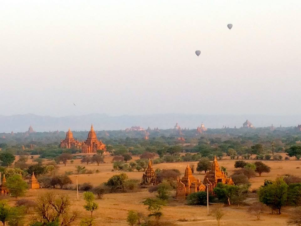 Hot air balloons rising over Bagan