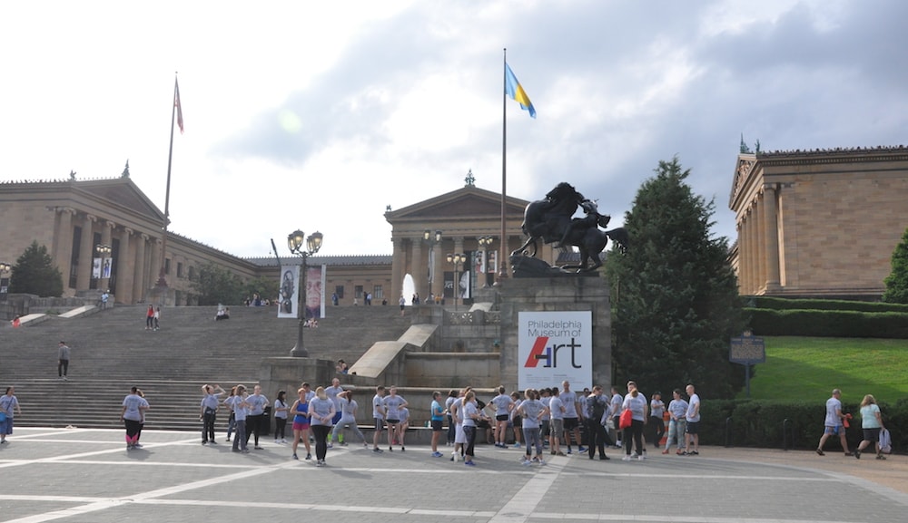 Group of people scattered in front of the Philadelphia Museum of Art