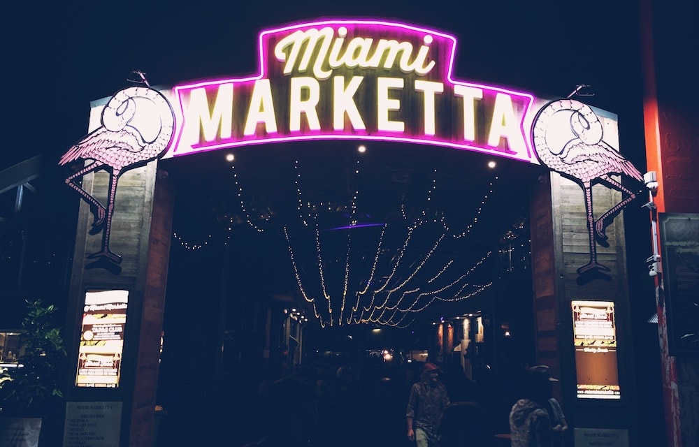 Neon entrance sign for Miami Marketta