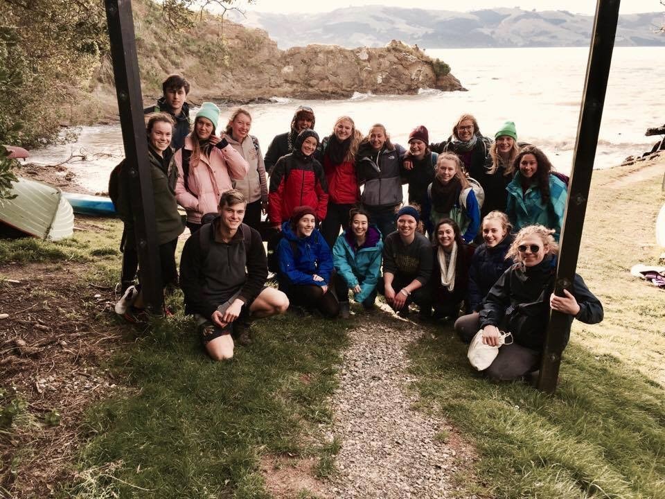 Group shot of students from The Otago University Animals, Aquatic, Plants, Ecological Society on Quarantine Island