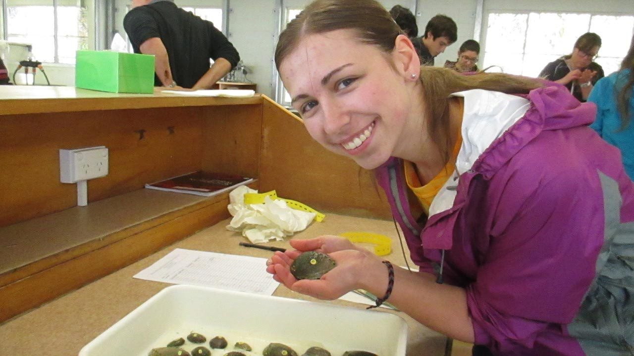 A woman smiles holding a small animal in the palm of her hand in a classroom