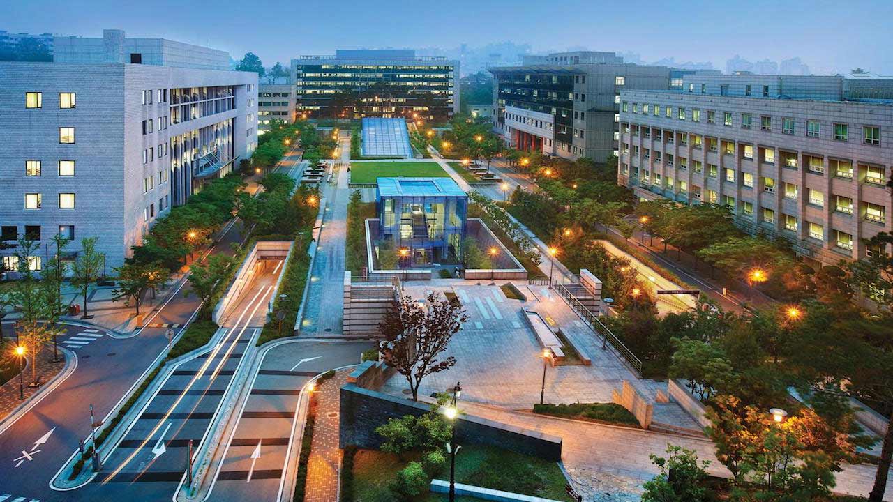 Korea University's campus illuminated at dusk