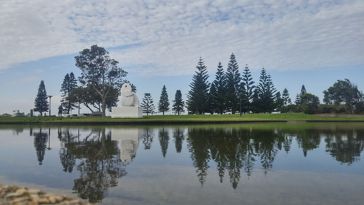 Pine trees and a statue reflected into the water in Newcastle, Australia