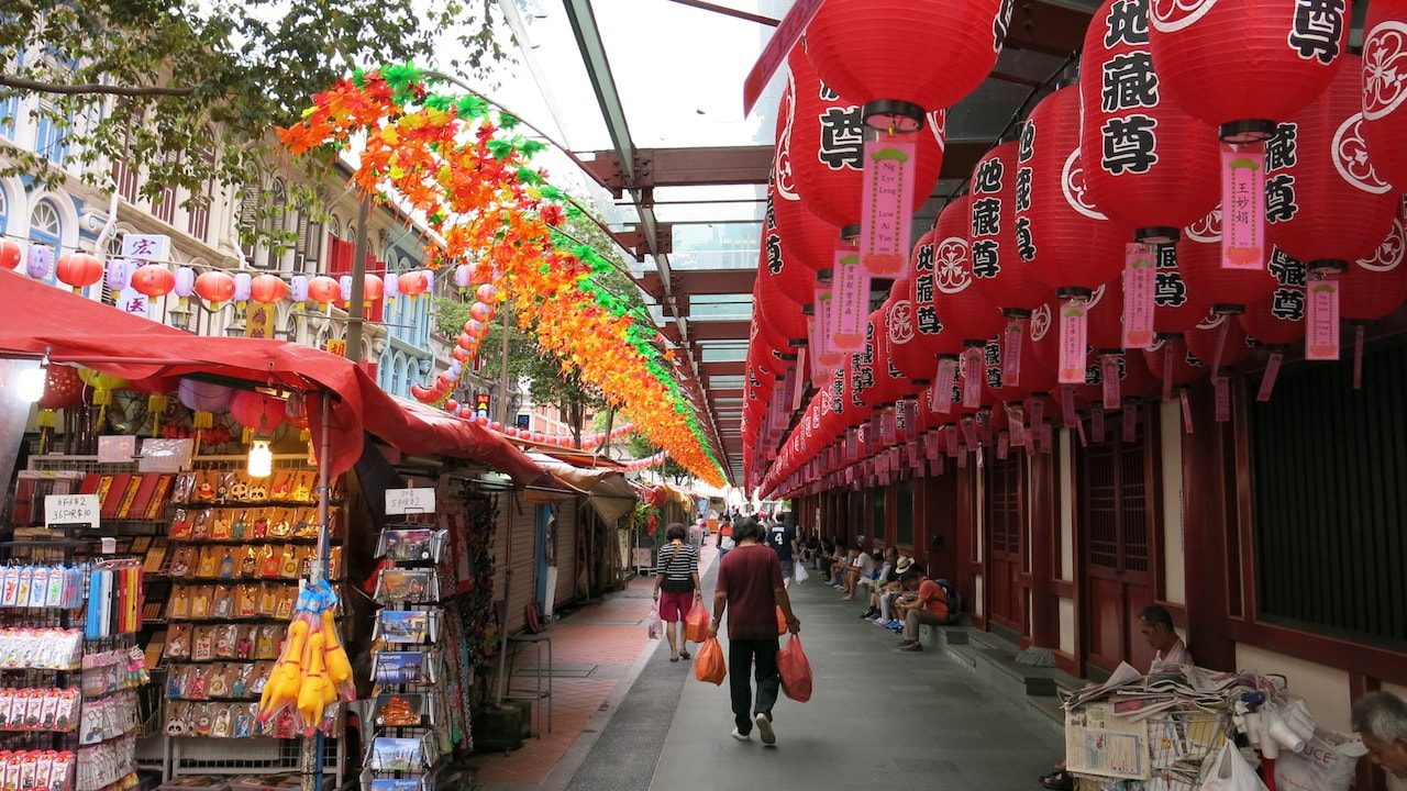 A colorful market street in Singapore