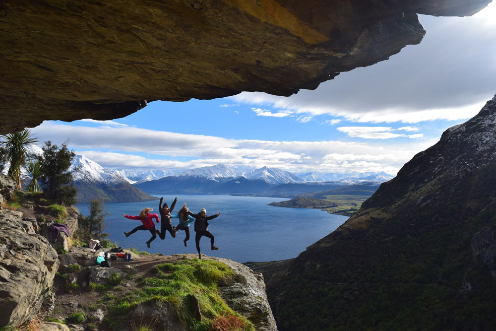 Jumping people on Wye Creek trail Queenstown New Zealand